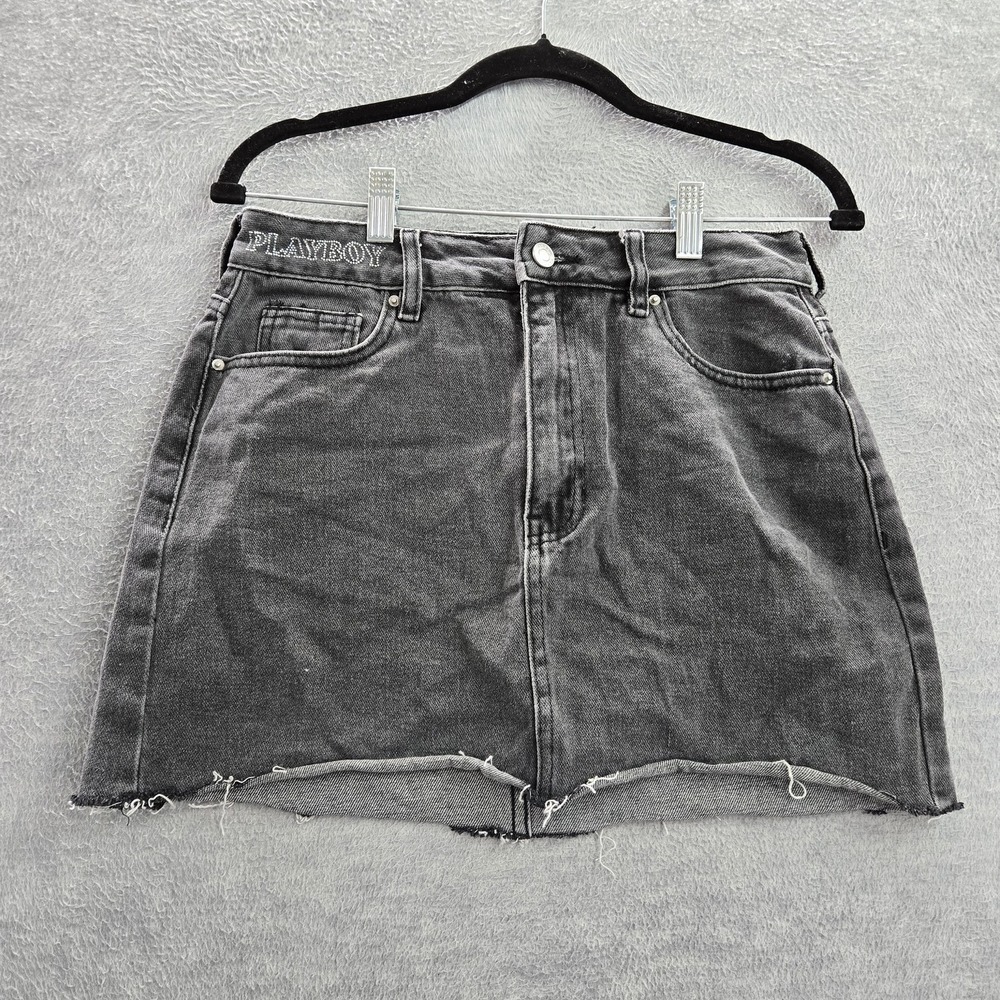 Playboy By Pacsun Women Skirt 28 Gray Denim Mini Bunny Logo Heart Rhinestones‎